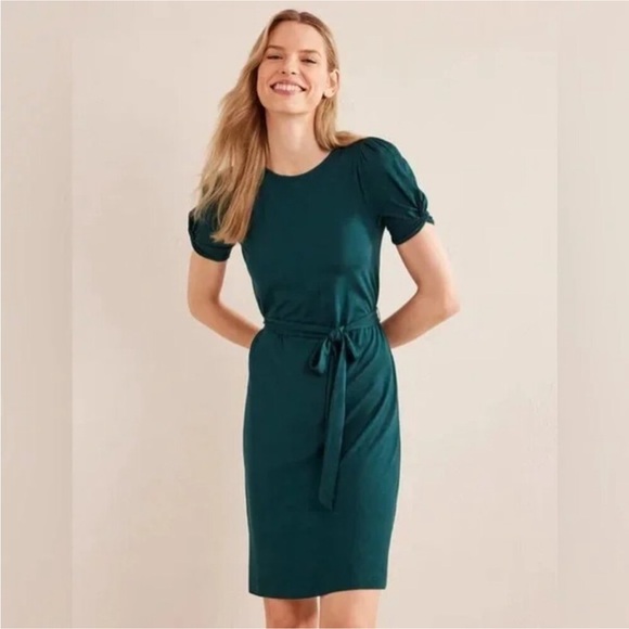 Boden Dresses & Skirts - Boden Dark Green Belted Waist Short Sleeve Knot Detail Jersey Mini Dress Sz 12R